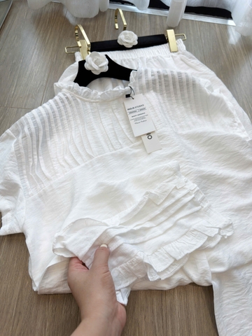 SeT980- Set áo đũi lien xếp ly phối quần suông trắng 2lớp