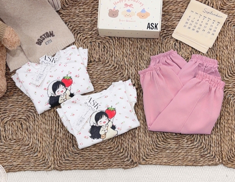 BT1080-Bộ áo hoa babydoll phối quần bo gấu hồng cho bé