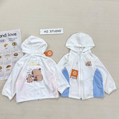 BT312- Áo thông hơi trắng phối có mũ trẻ em hoạ tiết in