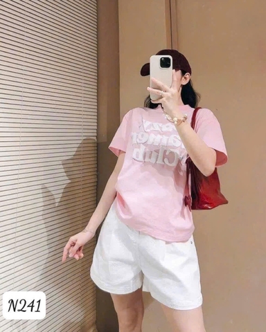 A225-Áo thun hồng in nổi hình hoa chất cotton dáng ôm vừa