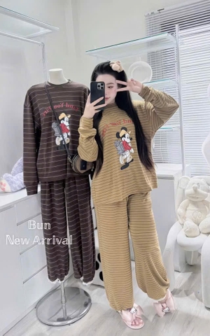 Set818- Set mặc nhà vải díp lông phối kẻ 4 màu mickey