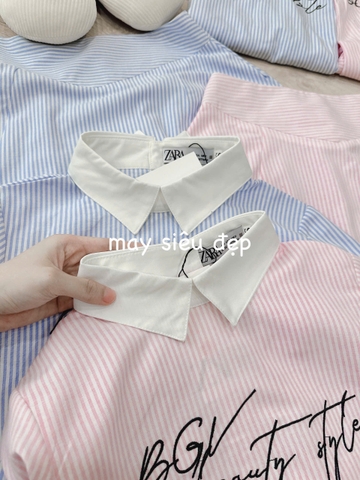 SET350-Set đồ nữ áo kẻ dáng lửng thêu chữ phối chân váy midi