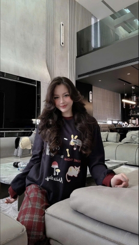 Set840- Bộ nỉ haida đen phối quần dạ kẻ suông