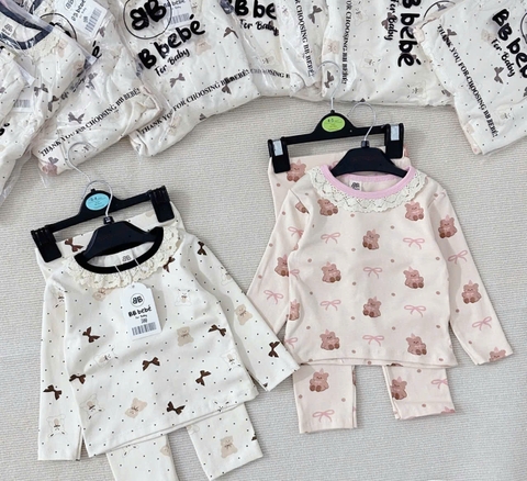 CB174-Combo 2 bộ NƠ VIỀN REN dài tay chất zip bé gái