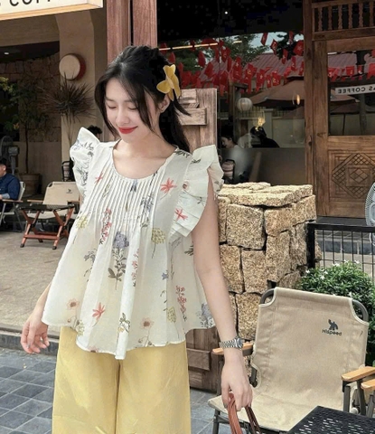 Set625- Set áo hoa voan cánh tiên ly ngực mix quần suông vàng