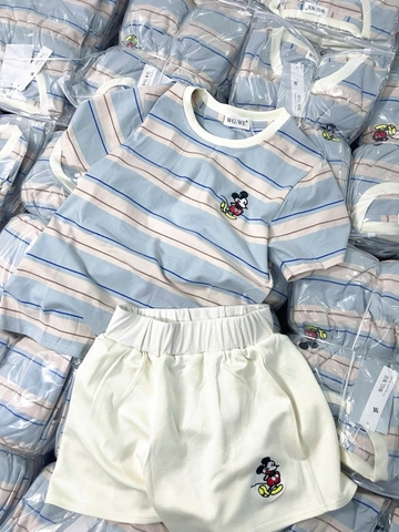 SET656-Set mặc nhà áo thun mickey kẻ phối quần short trắng