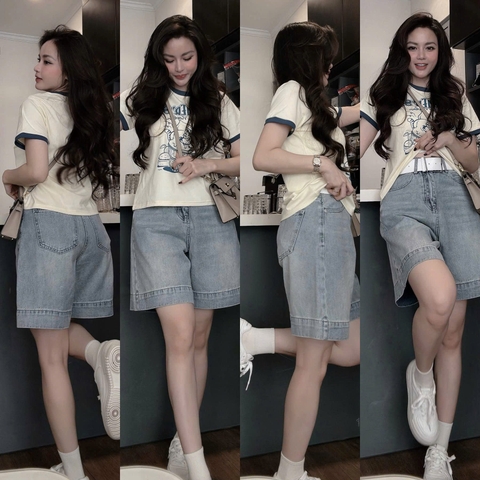 Set600- Set áo thun suông bo viền phối quần short jean