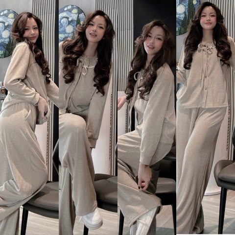 Set834- Set pijama mặc nhà vải díp lông phối cổ ren 2 màu nâu đỏ