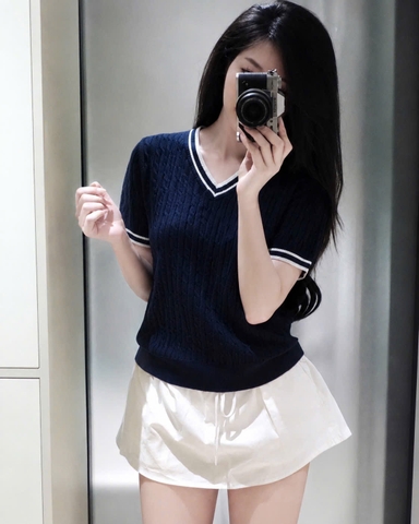 a663-Áo len thừng cộc tay 3 màu xanh hồng trắng