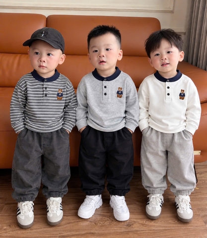 BT1106-Combo 3 áo thun dài tay thêu gấu cottn cho bé