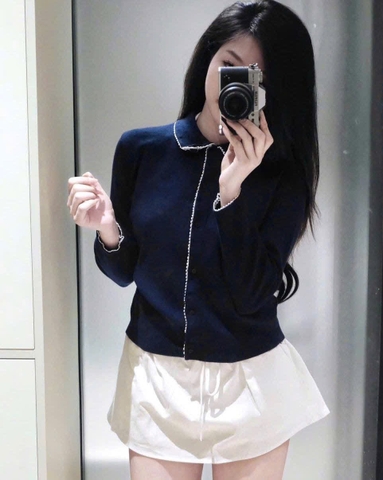 A444- Áo len xanh viền trắng nhà máy full tem