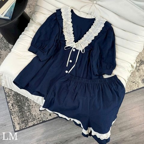 SET490-Bộ cộc  đũi tằm màu than viền ren cạp chun