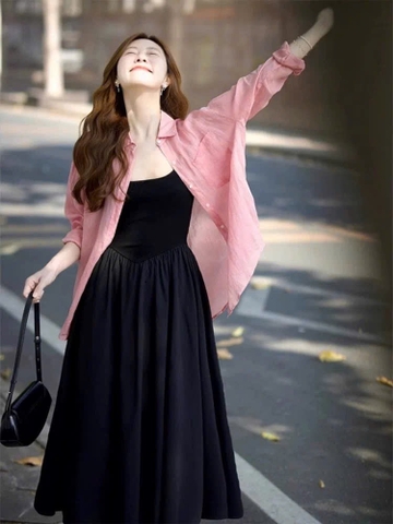 SeT973- Set váy maxi đen phối sơmi hồng