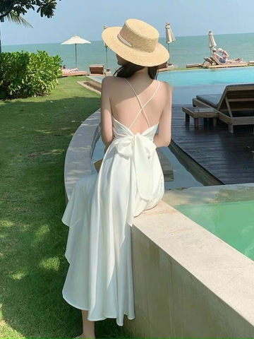 Đầm hai dây buộc nơ lưng 2 màu trắng,xanh