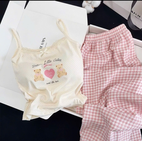Set1029- Set mặc nhà áo 2 dây có sẵn đệm ngực kèm quần suong kẻ hồng
