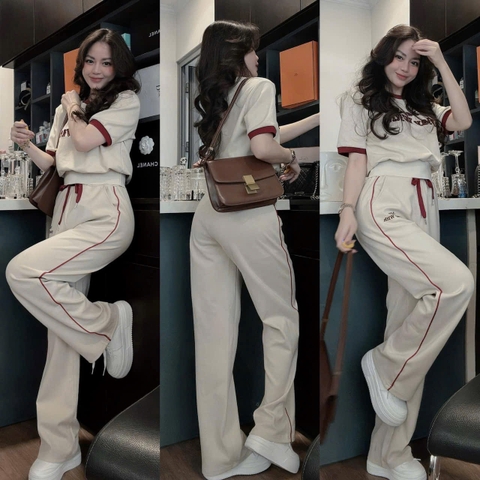 SET487-Set áo thun bo gấu phối quần ống suông rộng be