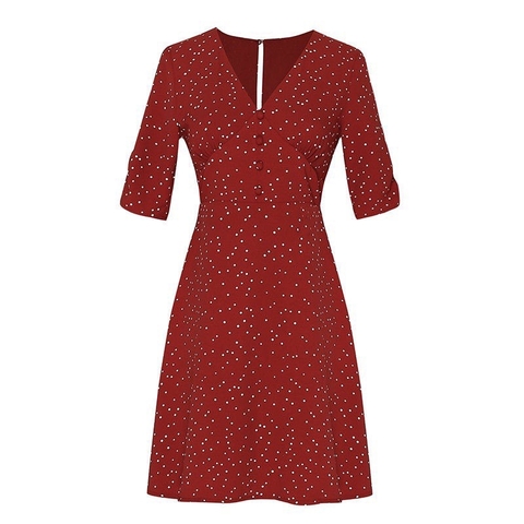 Đầm đỏ chấm bi dáng ngăn cutout sau lưng