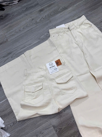 Quan127- Quần jeans suông màu be dài 95cm