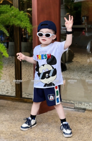 bT592- Bộ mèo kính đen trắng quần phối chất cotton bé trai