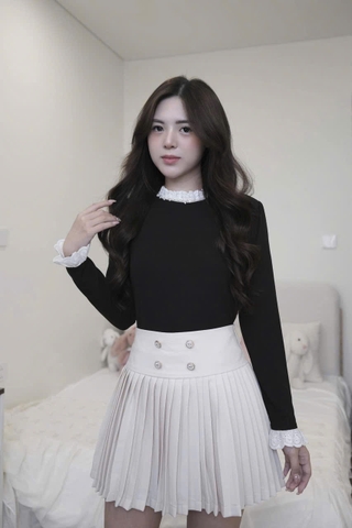 SET354-Set áo len phôi ren và chân váy xếp ly ngắn 2 lớp