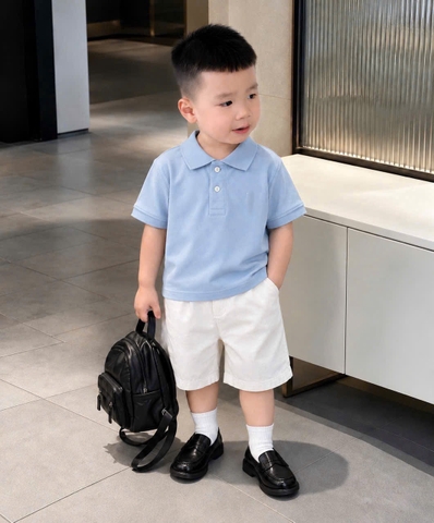 BT1008- Bộ áo polo cộc THÊU N-G.U.Aa  mix quần kaki mềm bé trai