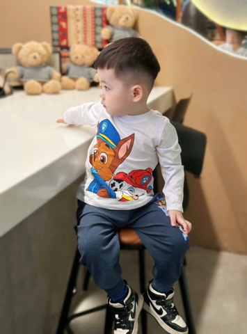 BN187-Bộ côtton thu đông dài tay bé trai CỨU HỘ TRẮNG XANH VNXK