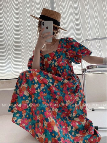 Đầm hoa cam cổ vông dây lưng tay bồng