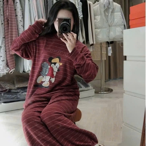 Set818- Set mặc nhà vải díp lông phối kẻ 4 màu mickey