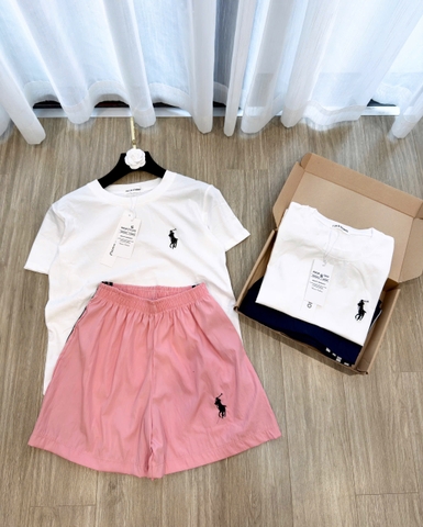 Set929- Set áo cộc trơn cổ tròn mix quần short gió thêu