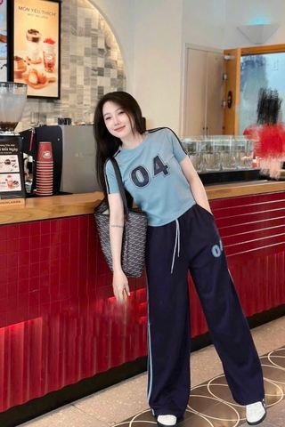 set746- SET áo thun cộc tay phối quần suông dài sọc thân