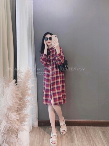 Đầm kẻ suông 3 màu cổ tàu