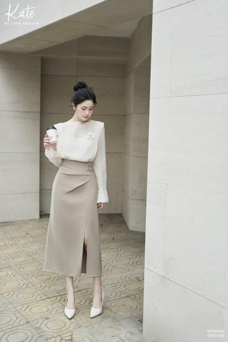 Cv014- Chân váy bút chì phối cúc bọc xẻ tà