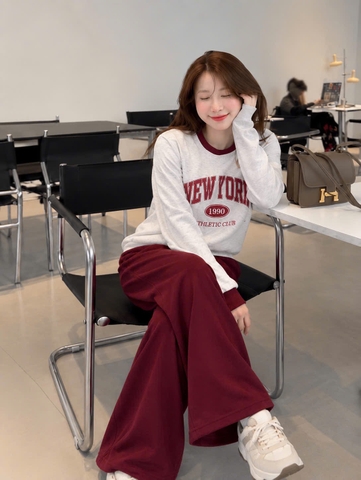 Set1060- Set nỉ haida Ny xám phối quần đỏ suông