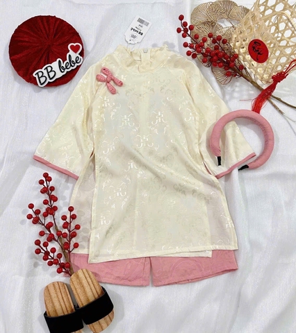 [KÈM MẤN]  Bt759- Bộ áo đai 2 tà bé gái chất lụa gấm màu vàng-xanh