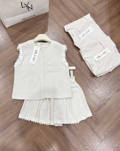 Set871-set áo linen gile phối ren kèm quần short