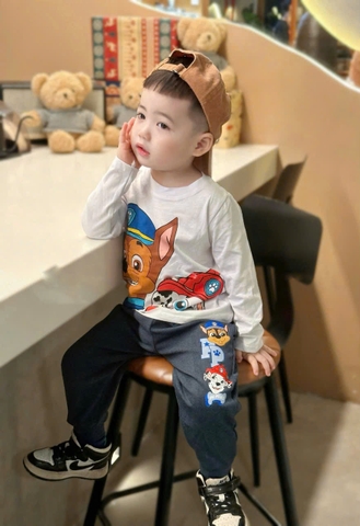 BN187-Bộ côtton thu đông dài tay bé trai CỨU HỘ TRẮNG XANH VNXK