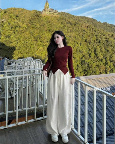 A366-Áo thun giấy dài tay xếp ly 2 màu đỏ đen