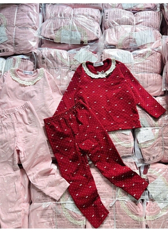 Bt774- combo 2 bộ zip lông viền ren đỏ-hồng bé gái