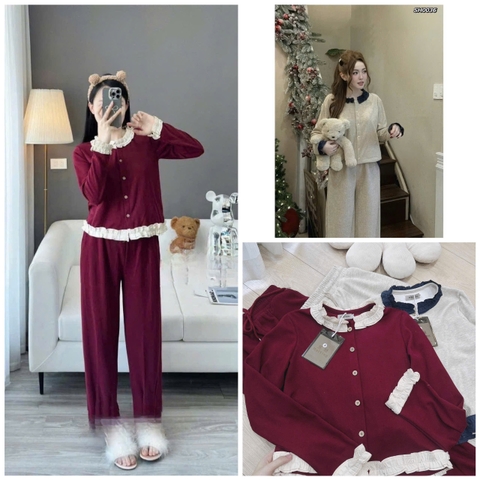 SET440-Set đồ mặc nhà nữ len thỏ viền bèo 2 màu nâu đỏ