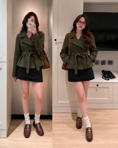A680-Áo khoá dạ dáng lỡ xanh rêu 2 hàng cú kèm đai
