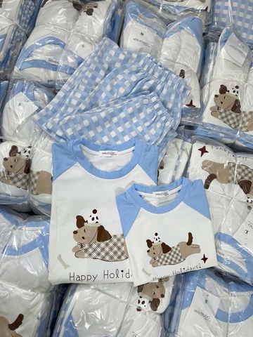 SET772- Bộ mặc nhà gia đình  áo thun quần kẻ suông xanh nhạt