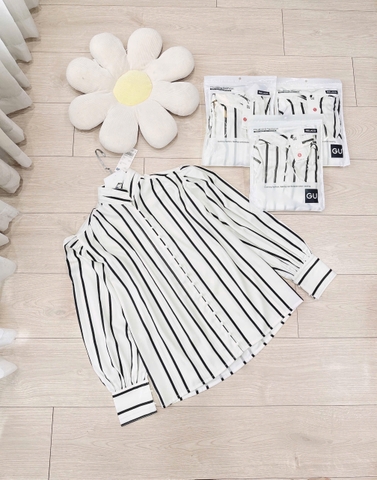 A146-Áo somi nữ cổ tay kẻ đen tay bồng đính cúc ngọc