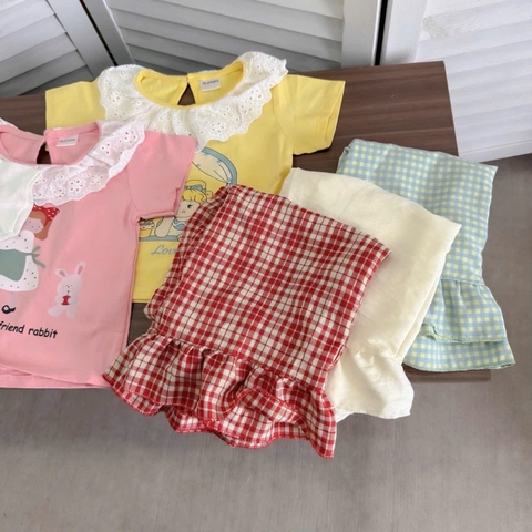 ❤️BT314-Bộ áo cotton mix quần dài kẻ bé gái 3 màu