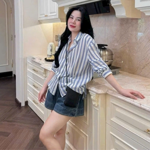 A257-Áo sơ mi kẻ xanh to đũi tằm máy mịn dáng suông