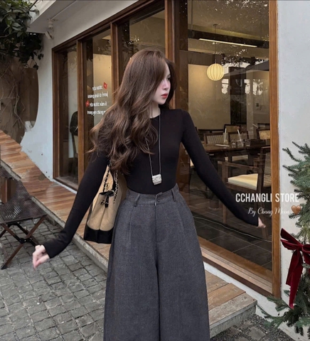 Quan091-Quần dạ xám cạp chun dáng suông