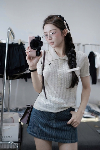 A377-Áo len cộc tay Quảng Châu cổ bẻ thêu ngực 5 màu trơn