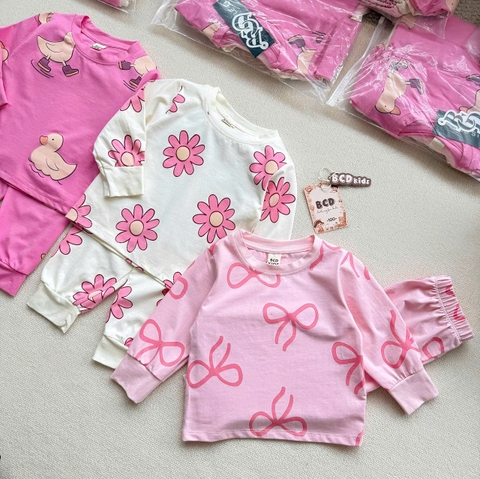 BT1007- Set 3 bộ thun dài tay hồng trắng cho bé gái
