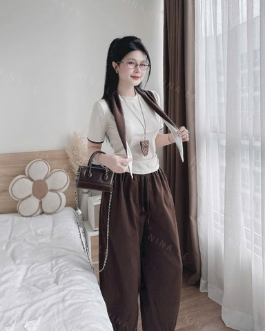 Set788- Set nâu kèm khăn chất cotton mịn mix quần bom đậm màu