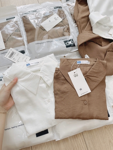 A122-Áo sơmi nữ đũi buộc lệch vạt 2 màu trắng nâu