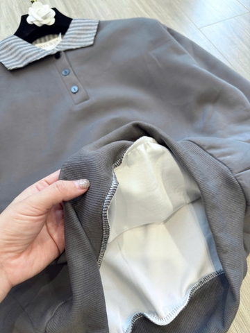 SET736-Bộ nỉ dài tay phối quần suông màu xám chất nỉ dày dặn